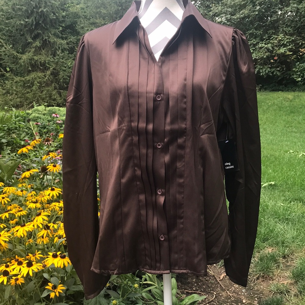 Oleg Cassini Chocolate Brown Pintuck Button-Front Blouse